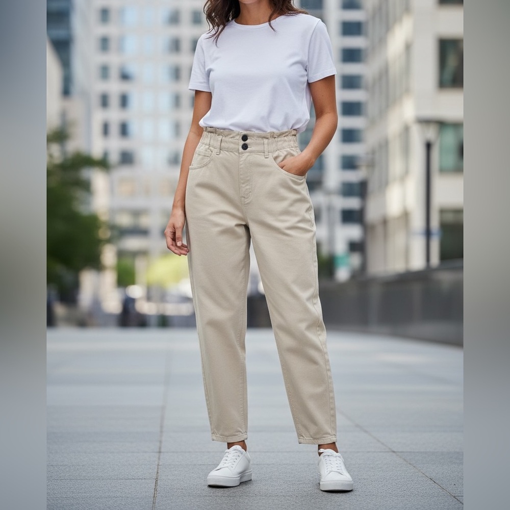 Monoprix Cream Paperbag Tapered High Rise Straight‎ Leg Denim Jeans